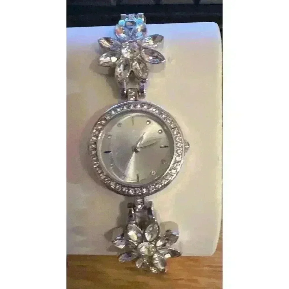 Charter Club Stainless Steel Clear Crystal Floral Band Watch New